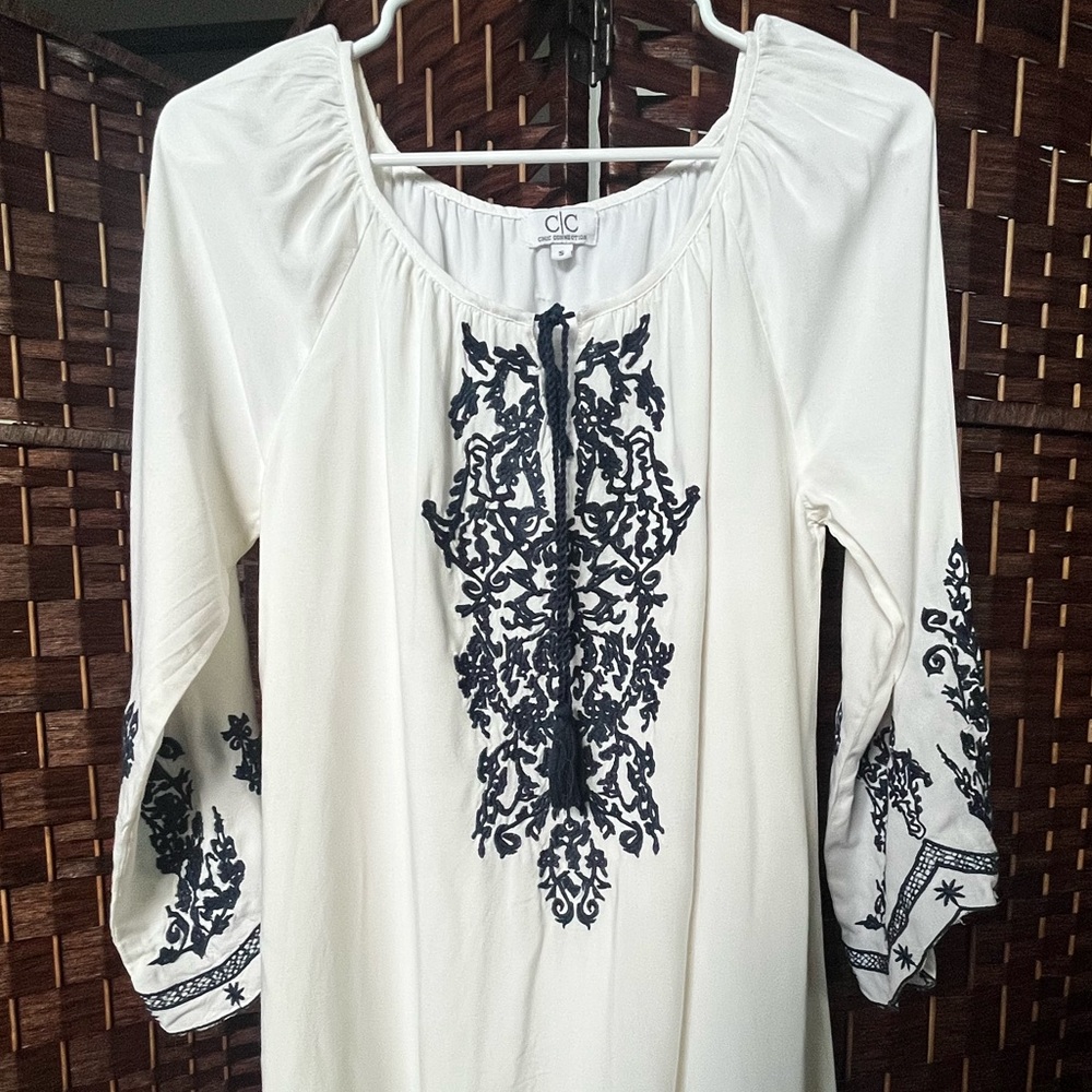 CC Boutique White Dress with Navy Embroidery
